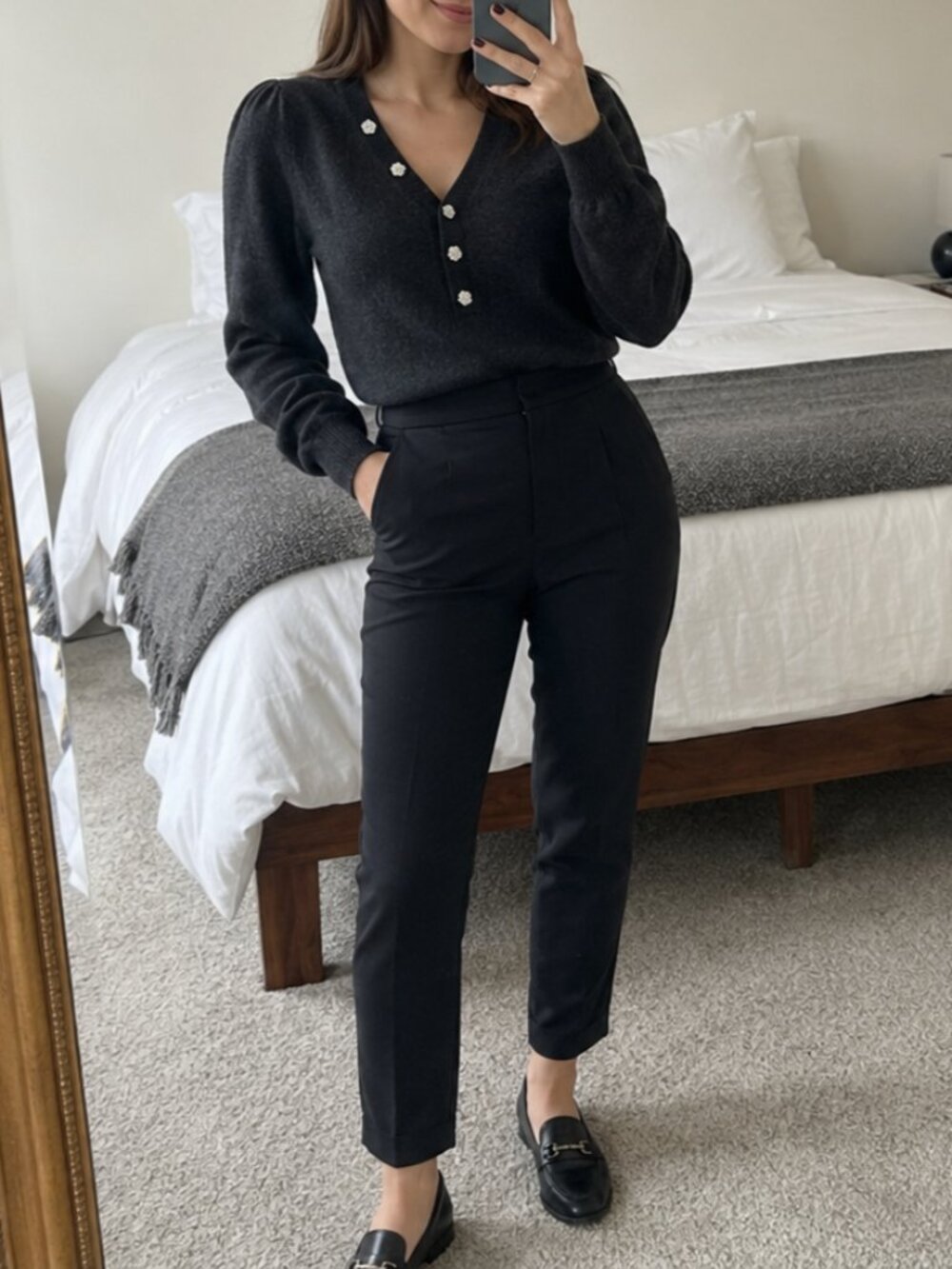Loft Black Rhinestone Flower Button V-Neck Sweater Cozy Chic Holiday Knit - XS